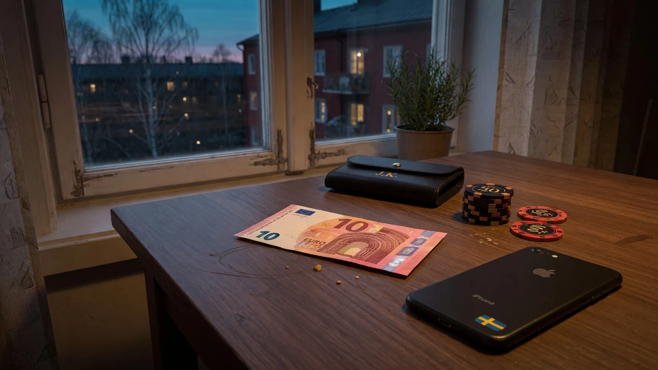 Tio euro sedel på bordet med casinofigurer i svensk lägenhet
