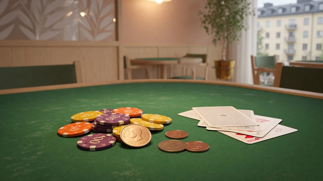 Svensk tiokrona bredvid en liten hög casinomarker på grönt filtbord