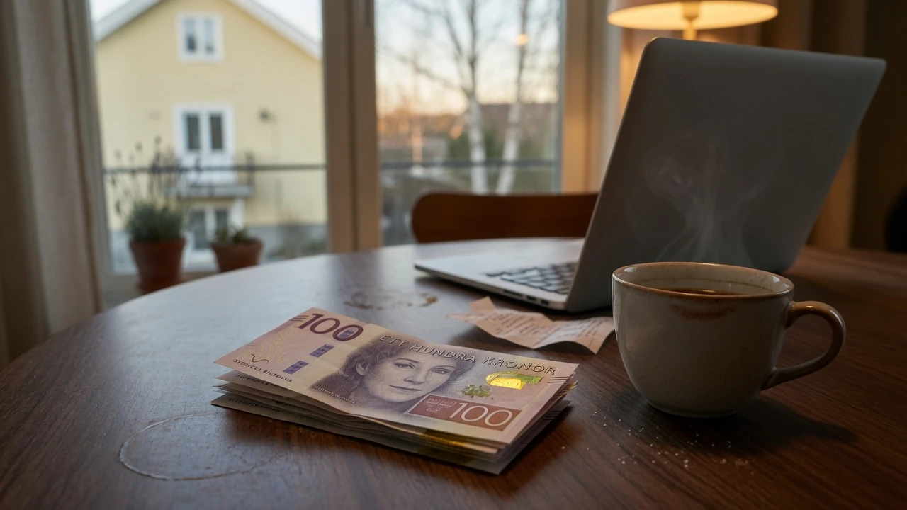 Svenska hundrakronorssedlar på ett träbord bredvid en kaffekopp