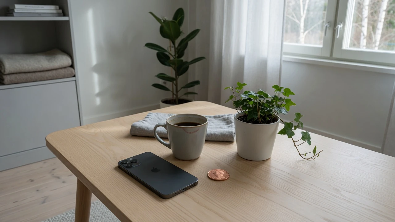 Svensk 20-kronorssedel på ett soffbord bredvid en mobiltelefon