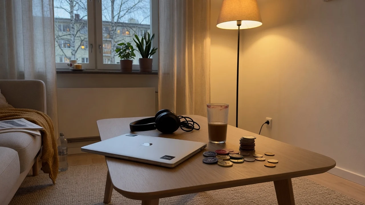 Svensk vardagsrum med stängd laptop, casinokmarker och kaffe på bordet