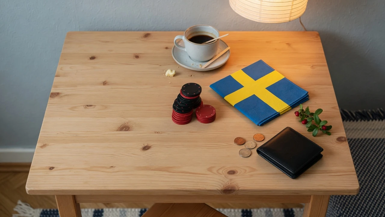 Casinomarker och svensk flagga på ett träbord