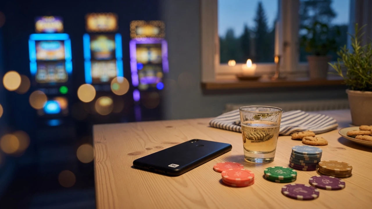 Svenska casinobord med marker, telefon och festlig belysning