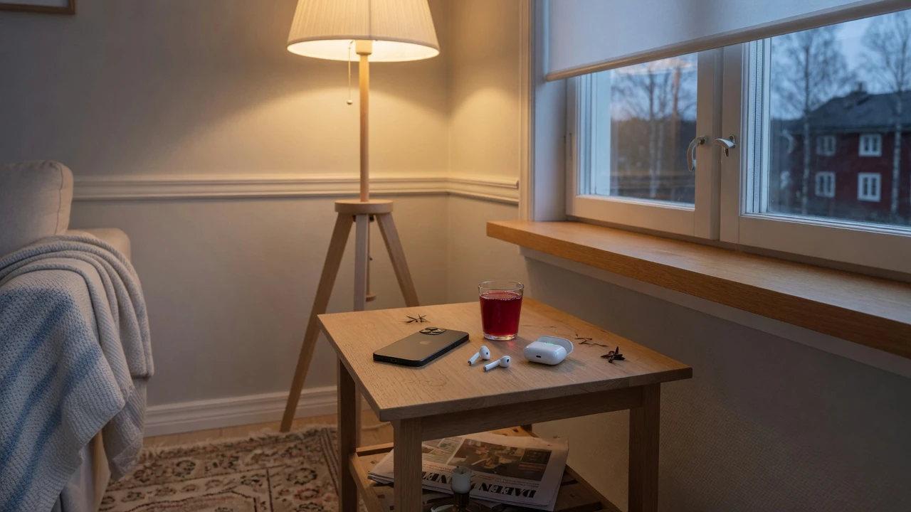 Svensk mysig vardagsrum med telefon och hörlurar vid kvällsljus