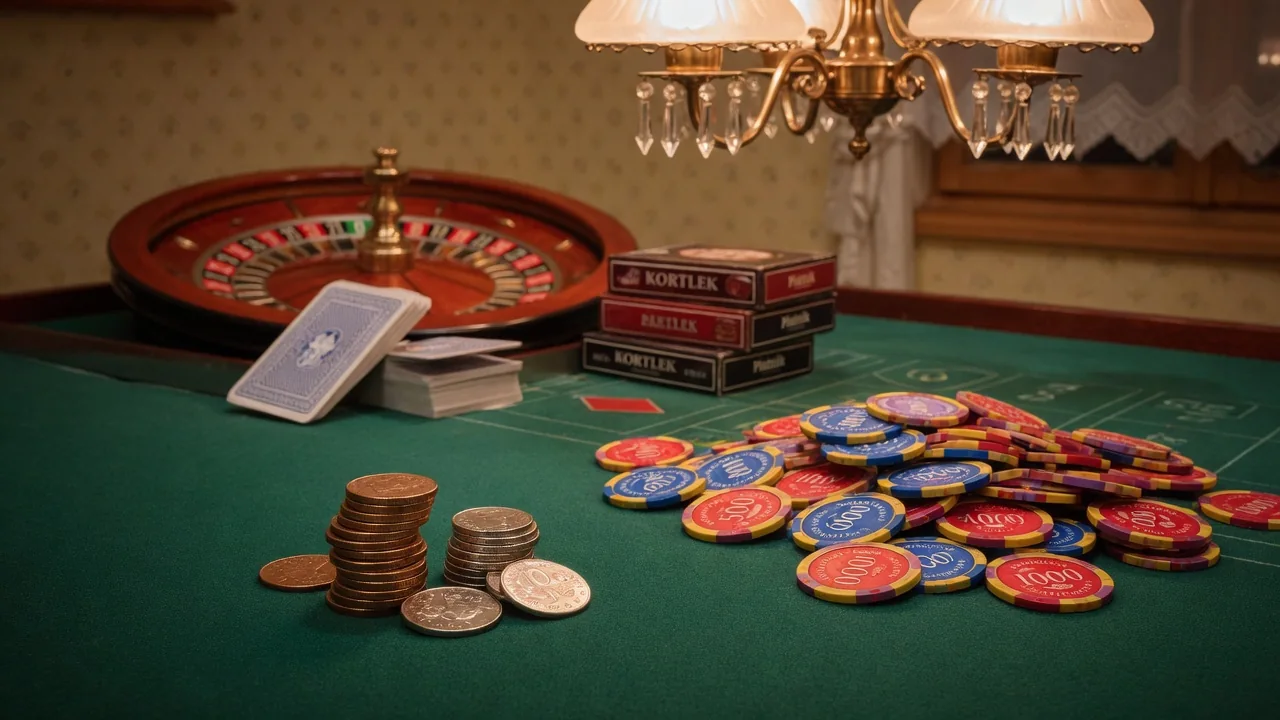 Svenska kronor och casinofigurer på ett grönt bord