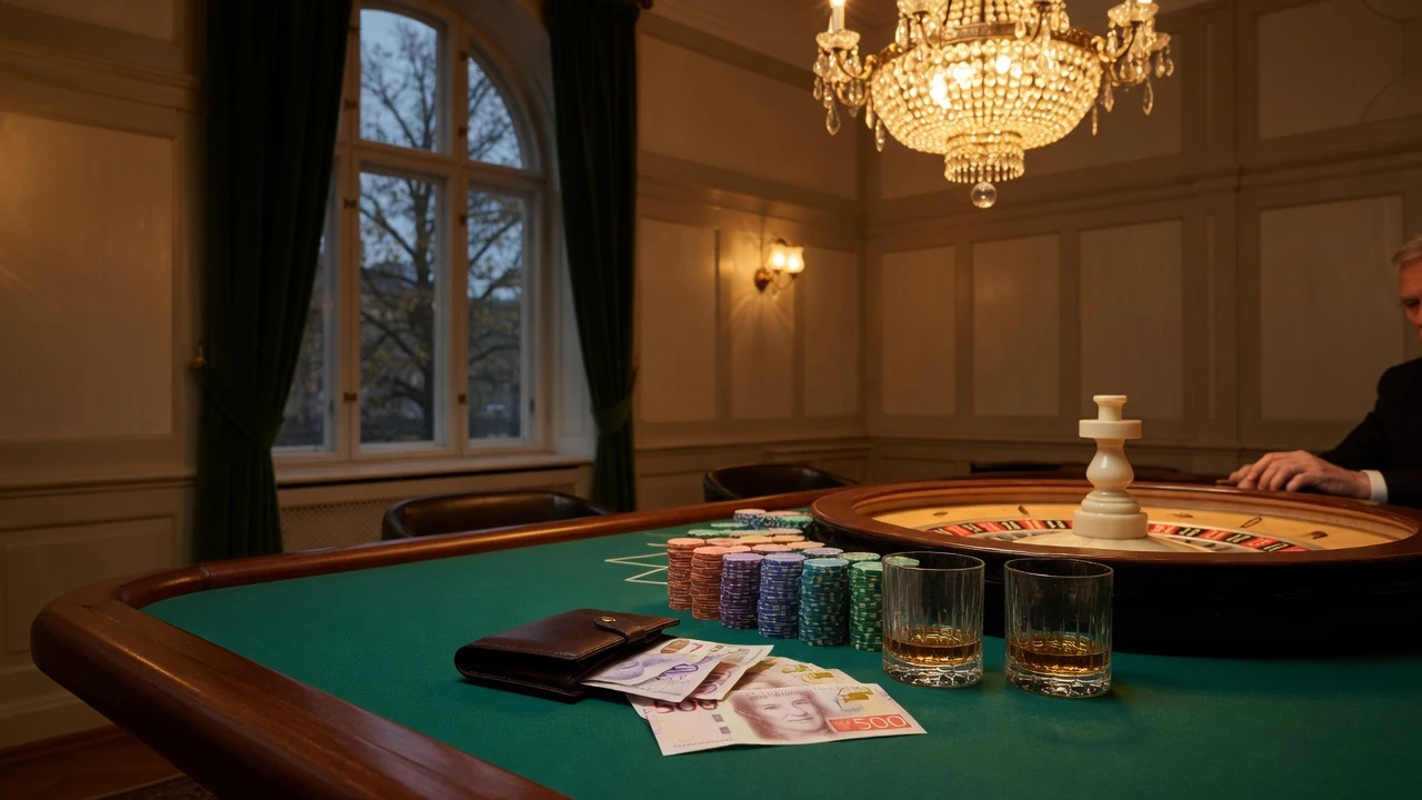 Elegant svenskt casinobord med marker, rouletthjul och svenska sedlar