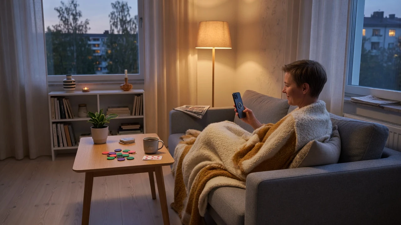 Person i svenskt vardagsrum med mobil och casinoleksaker på bordet