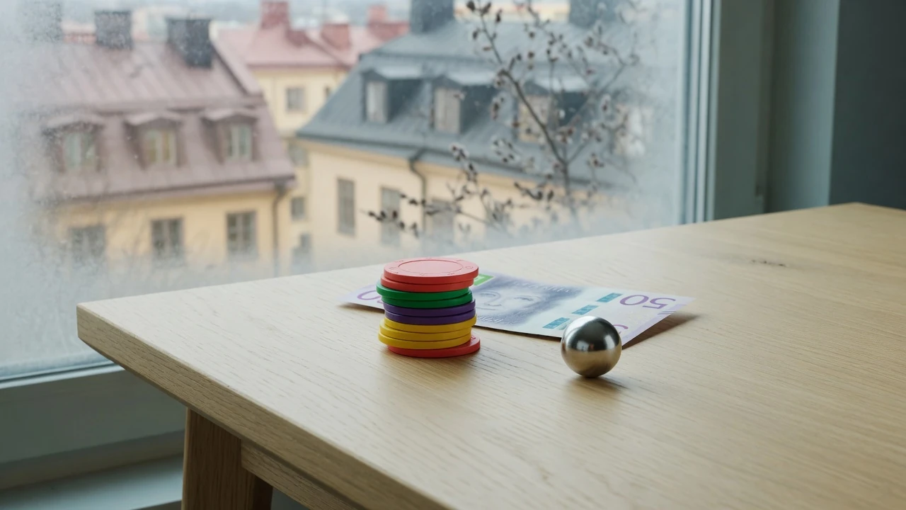 Casinochips och en 50-kronorssedel på ett ljust nordiskt träbord