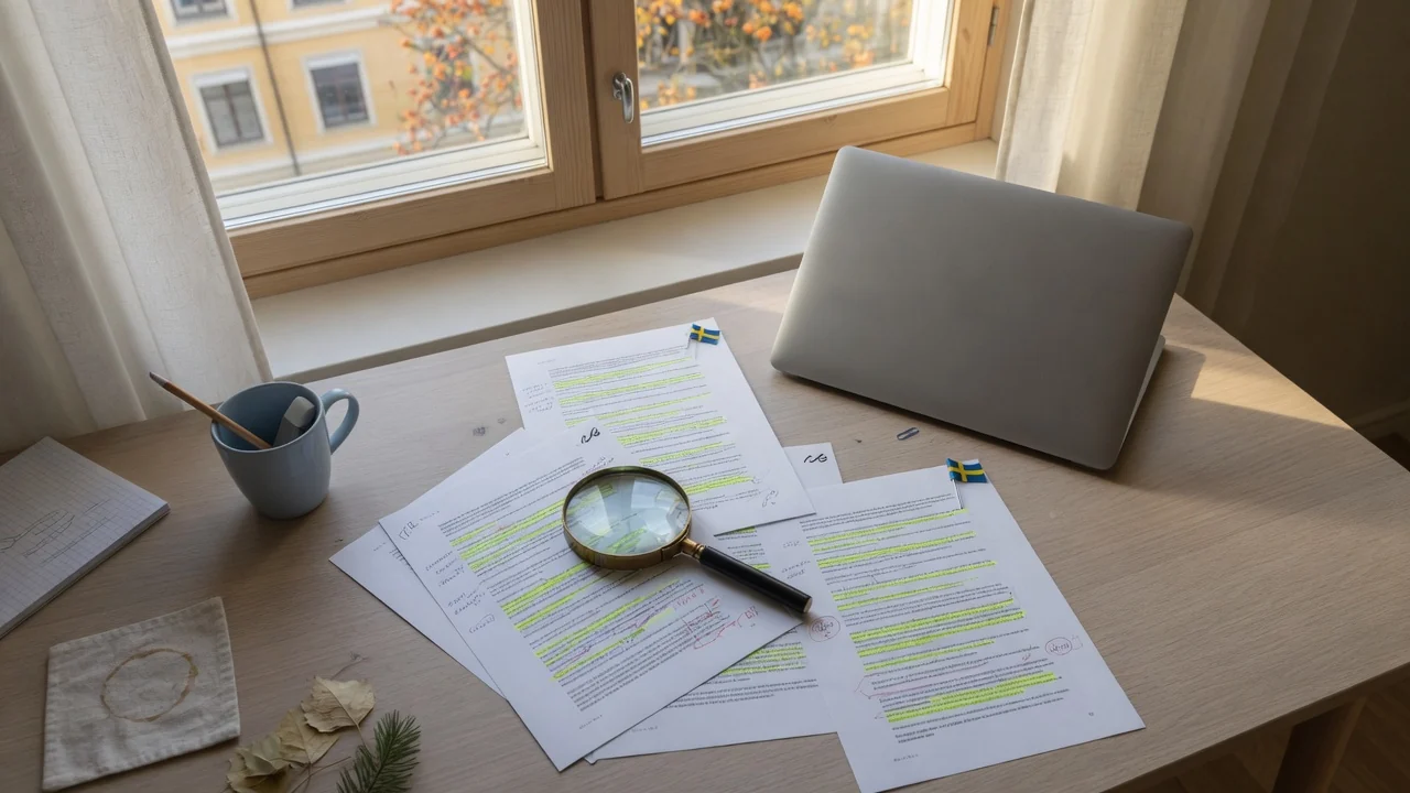 Skrivbord med granskningsmaterial och förstoringsglas, redaktionell arbetsmiljö