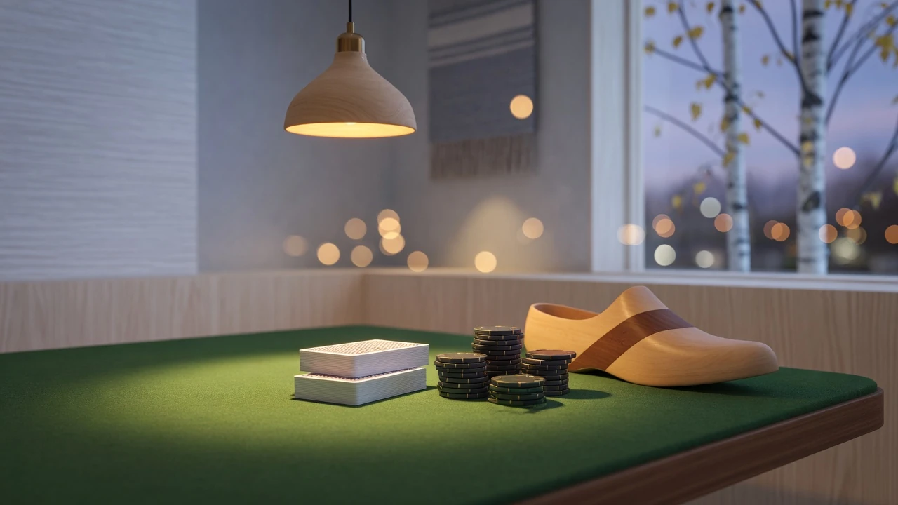 Elegant blackjack-bord med kort och chipslerar i skandinavisk miljö