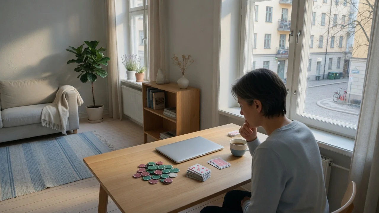 Person vid skrivbord med casinotillbehör i modernt svenskt vardagsrum