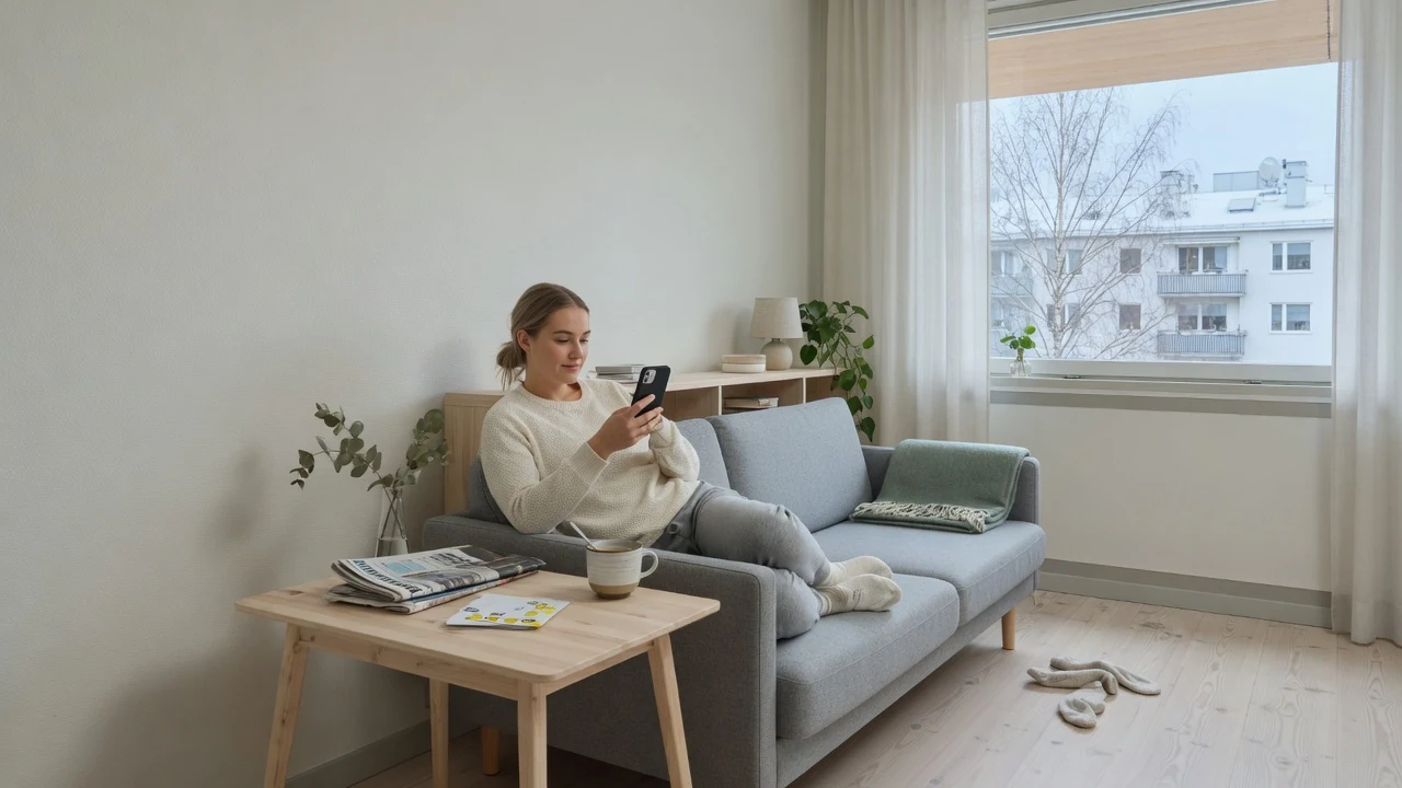 Person som betalar med mobilen hemma i en modern svensk vardagsrum