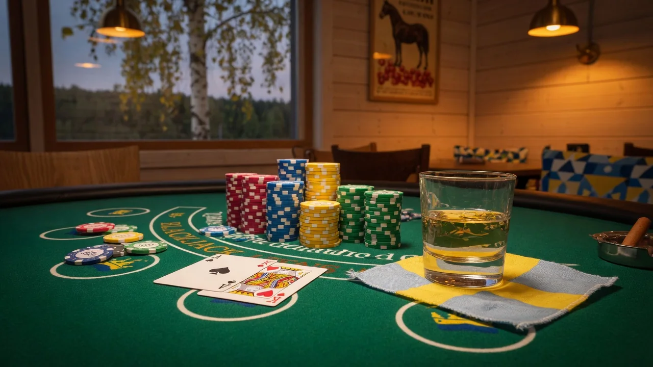 Elegant blackjackbord med färgglada marker och spelkort i en svensk casinomiljö