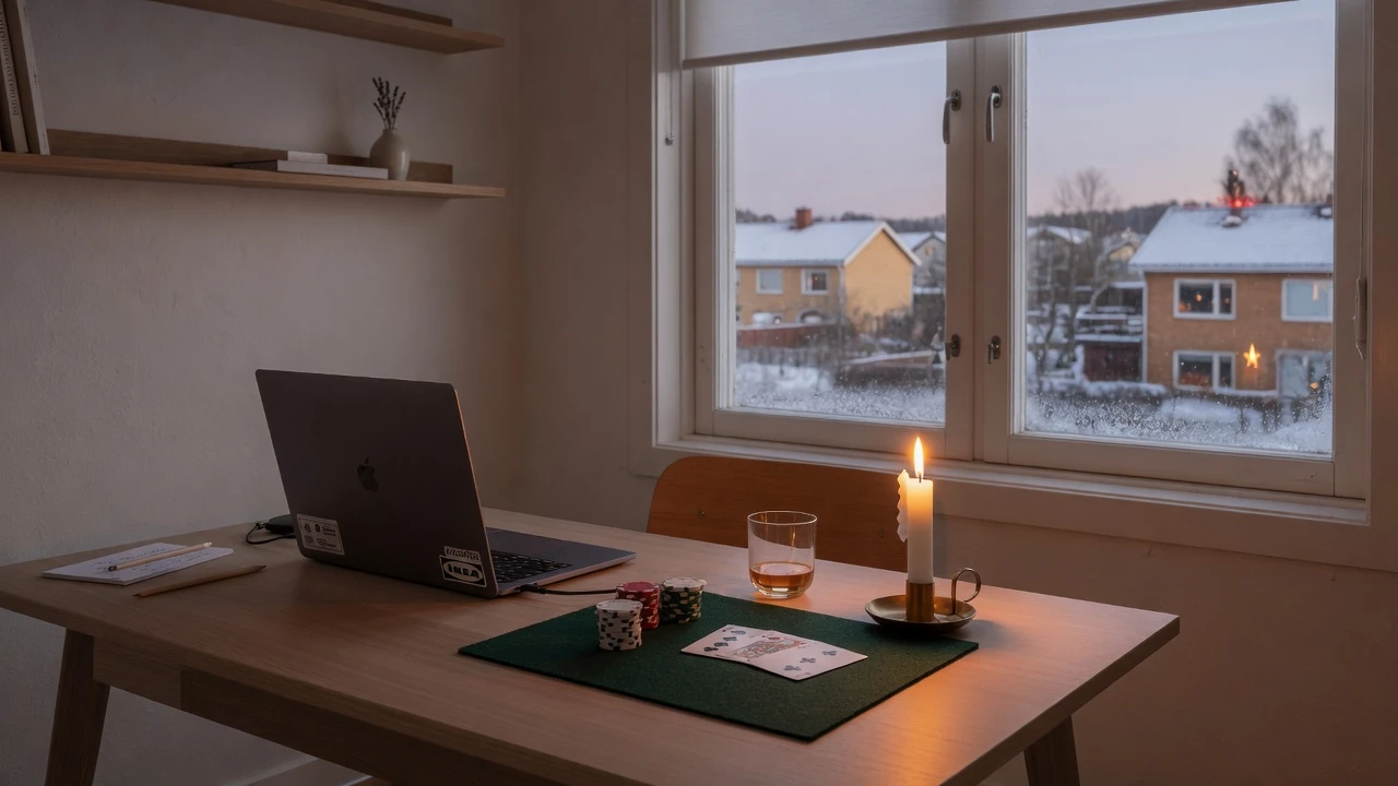 Minimalistiskt skandinaviskt skrivbord med spelkort, marker och laptop