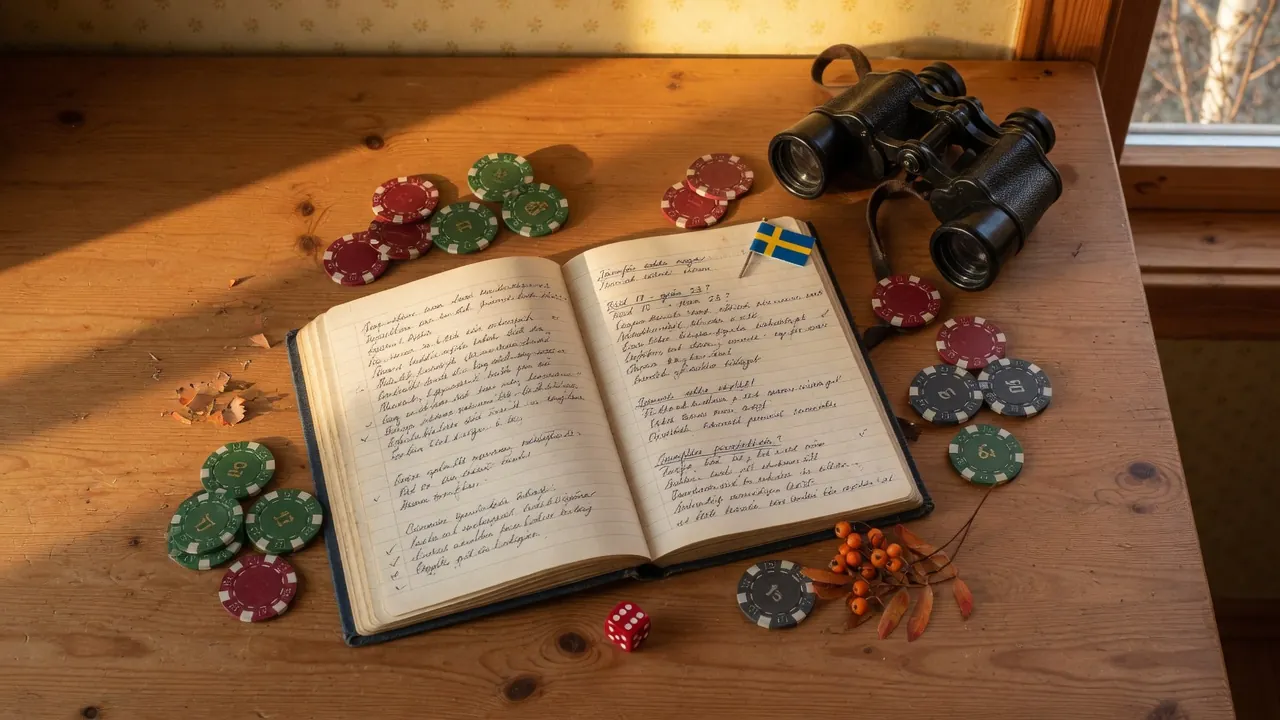Anteckningsbok med casinotema på skrivbord, marker och tärning, jämförelseguide