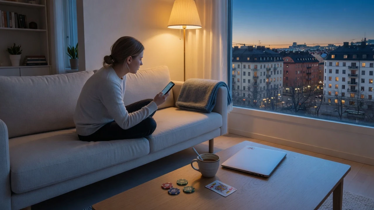 Svensk person i modernt vardagsrum med mobiltelefon och casinoföremål
