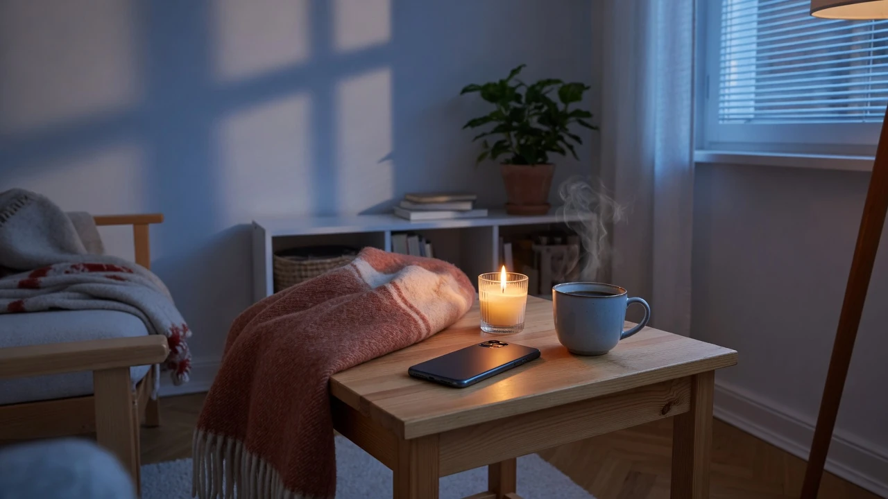 Mysigt svenskt vardagsrum med telefon och tända ljus för onlinebingokväll