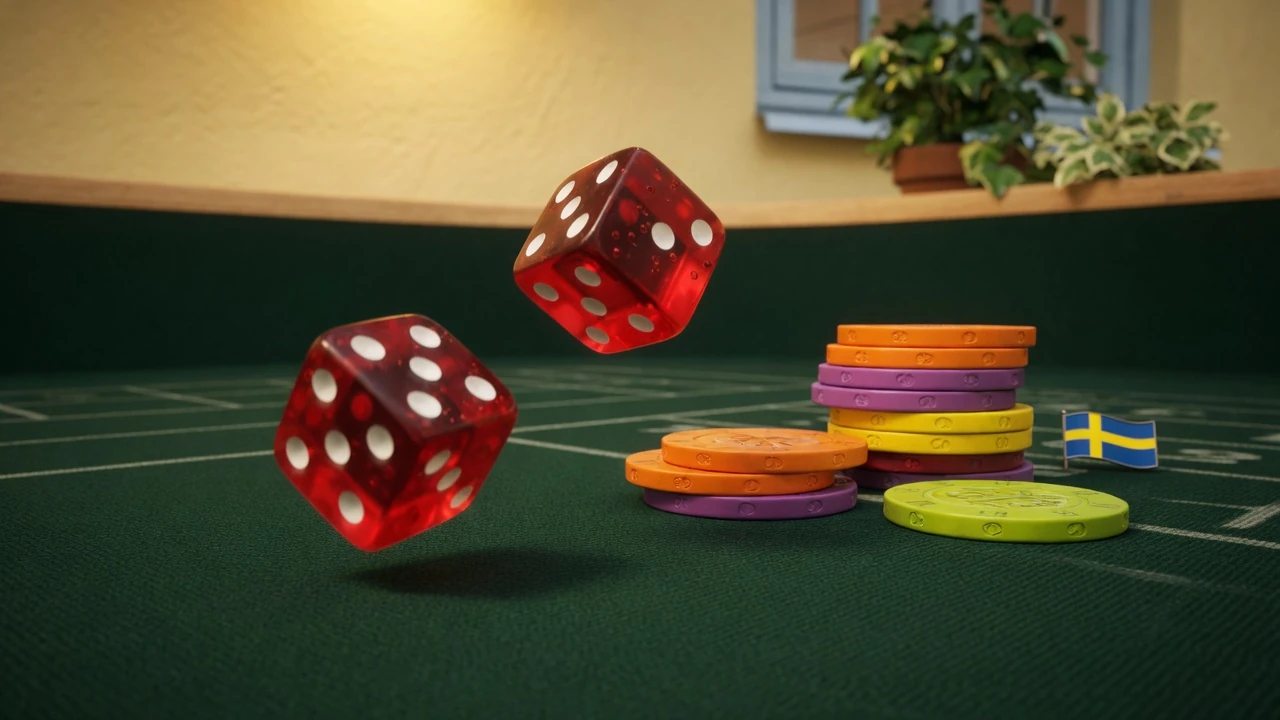 Två röda tärningar rullar på grönt craps-bord med casinokantar