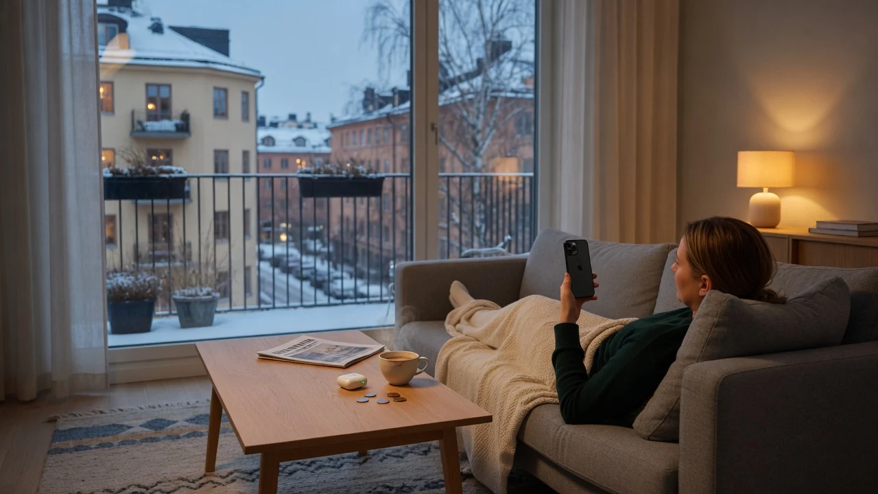 Person kopplar av i svensk lägenhet med mobil och kaffe