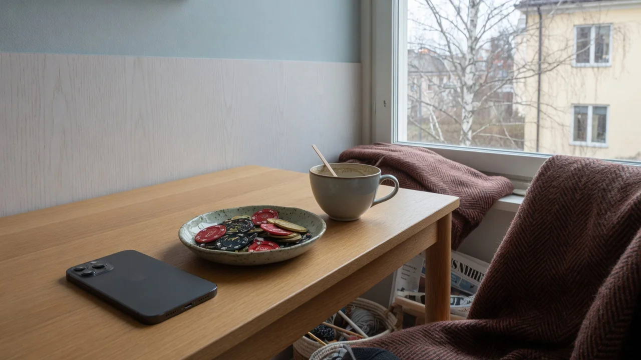 Smartphonen ligger med skärmen nedåd bredvid casinofärgade marker på ett svenskt bord