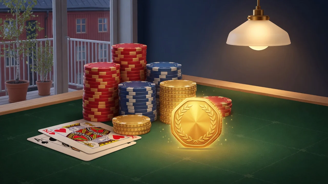 Casinobord med färgglada marker, spelkort och en glödande bonuspeng i guld