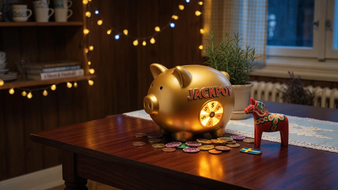 Glänsande jackpott-byrå med casinotokens i svensk miljö
