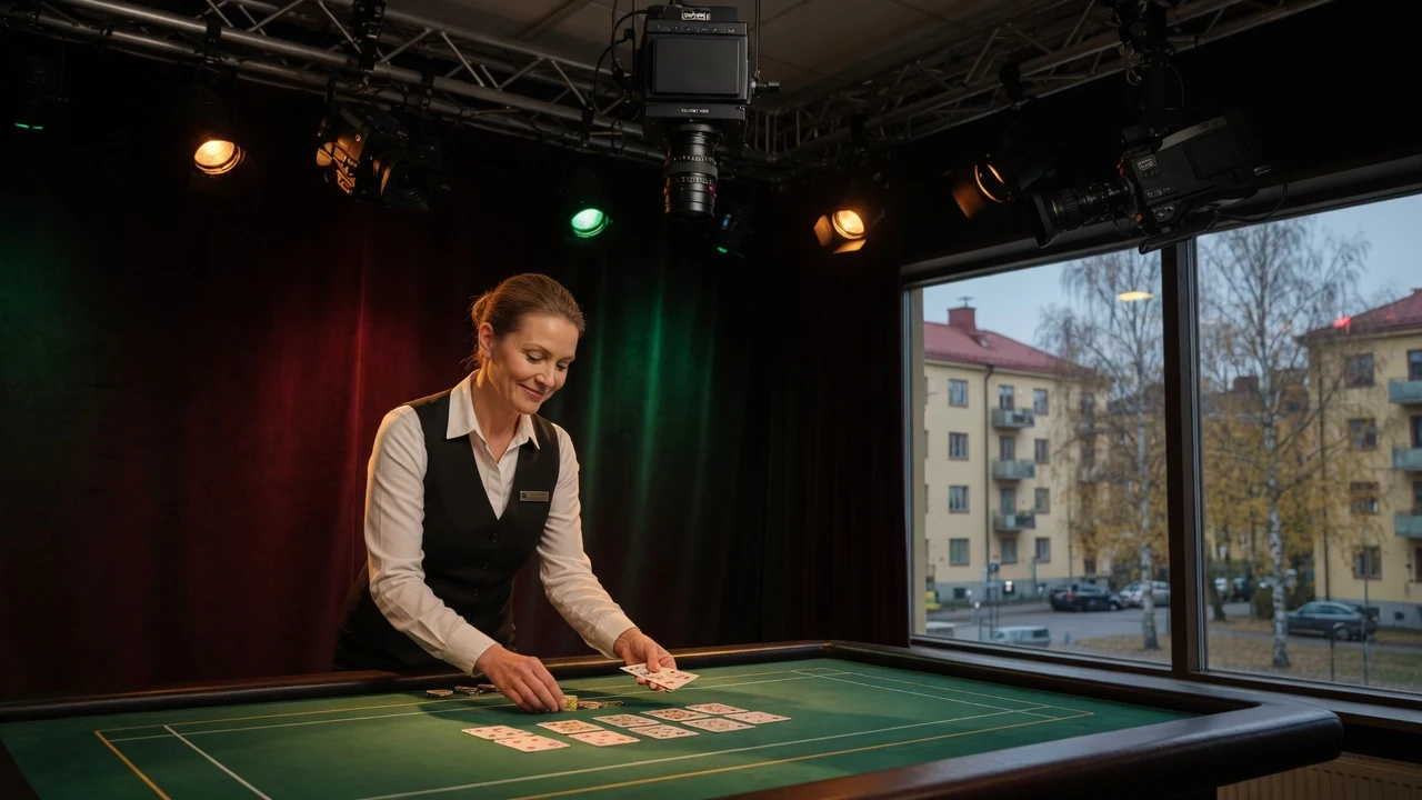 Professionell livedealer i en casinostudio bredvid ett spelbord