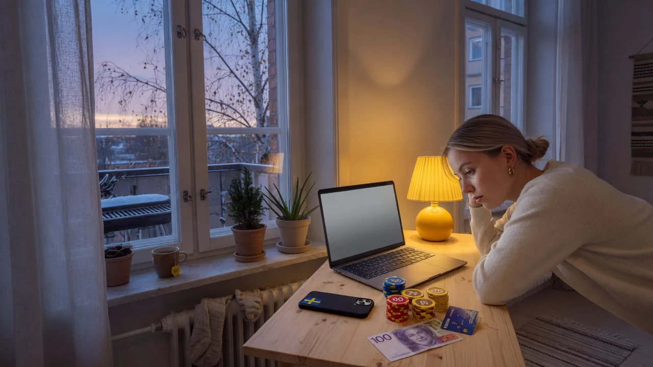 Svensk kvinna vid skrivbord med casinofärger och kronors sedel bredvid en avstängd mobiltelefon.
