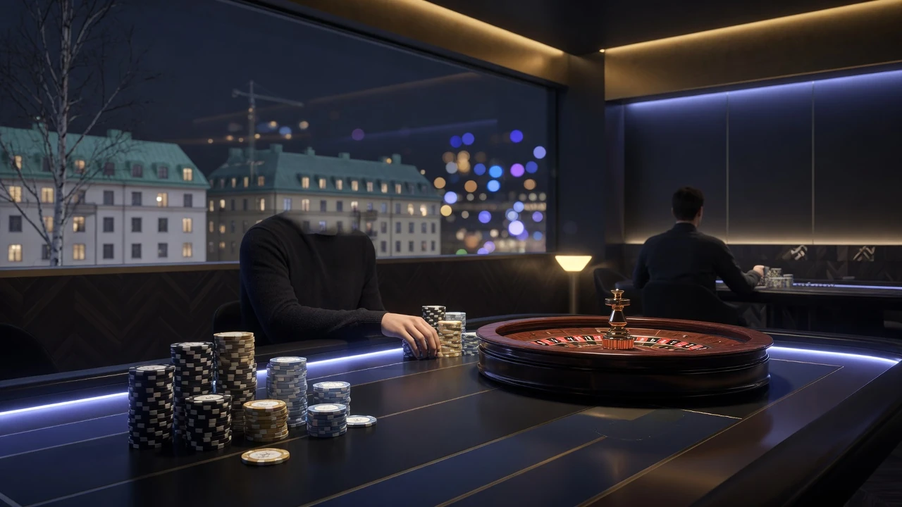 Stilren casinobord med marker och roulette i modernt svenskt spelrum 2026