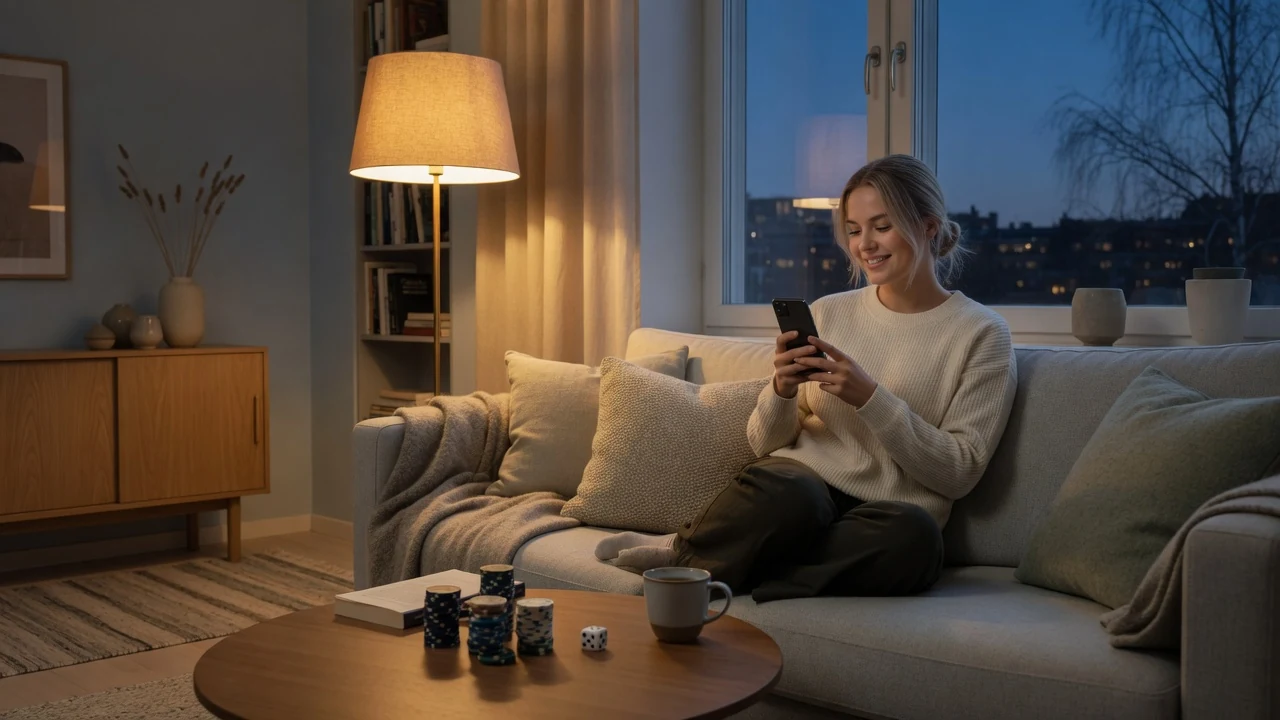 Svensk kvinna i soffa med telefon och casinomarker