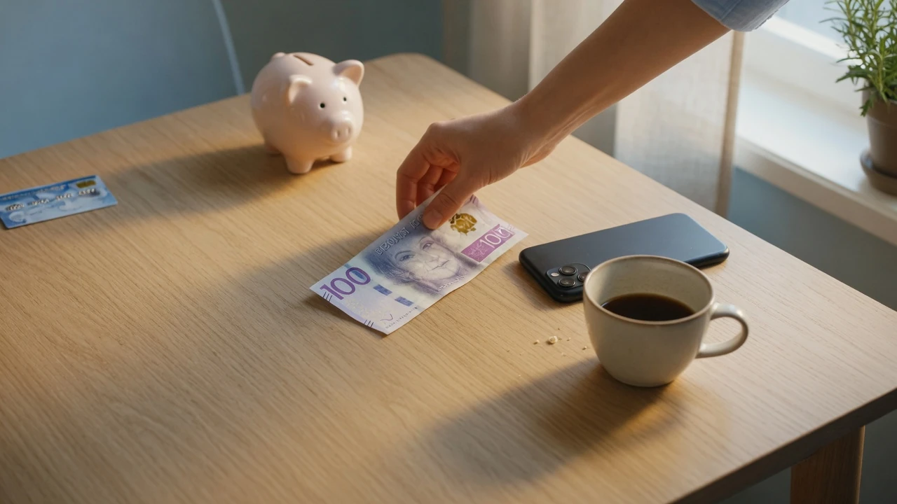 Svensk krona, mobiltelefon och bankkort på ett träbord med kaffekopp
