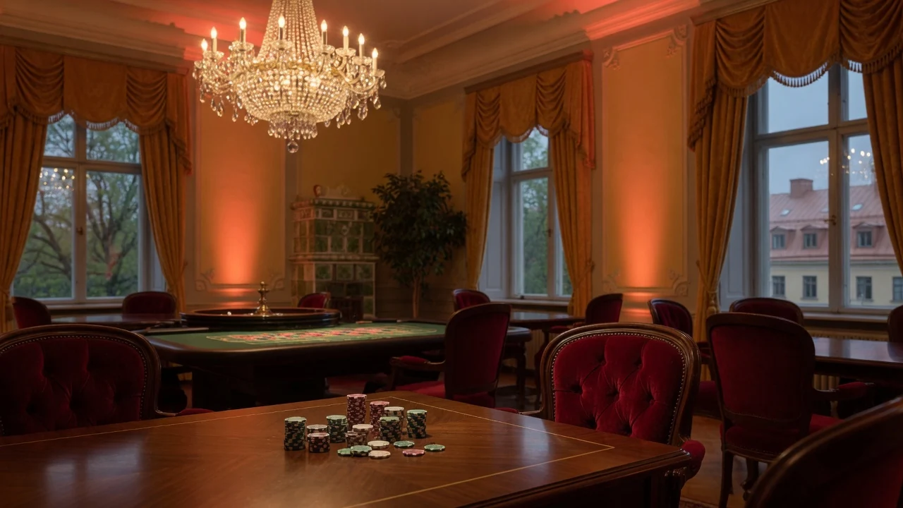 Elegant casinomiljö med varma lampor och pokermarker på bordet