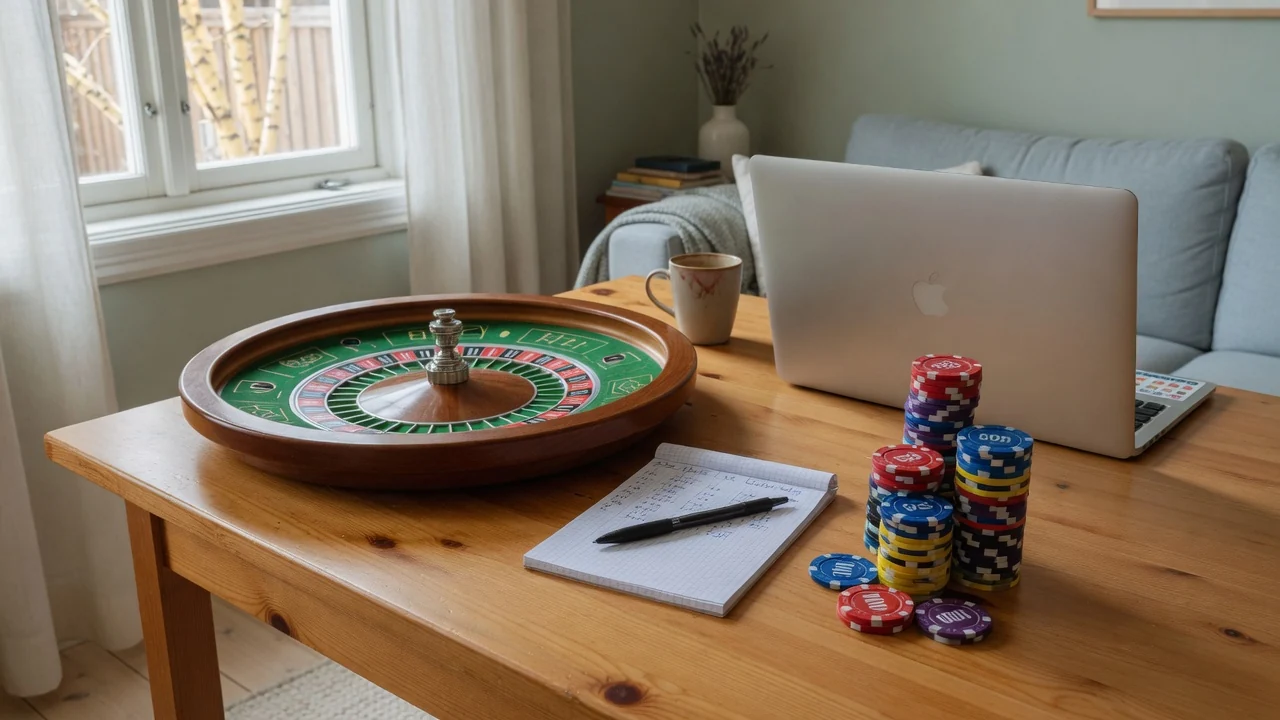 Casinochips, roulettehjul och ett jämförelseblock på ett träbord
