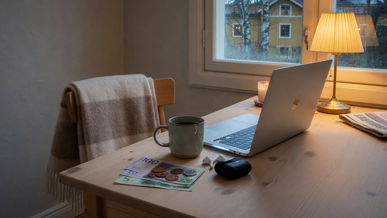 Skrivbord med stängd bärbar dator, kaffekopp och svenska kronor