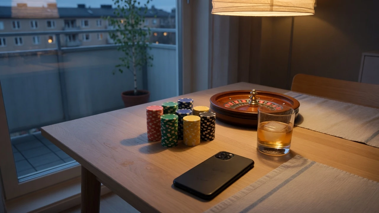 Bord med pokerfärgar, roulettehjul och ett ansikte nedåt telefon i varmt vardagsrumsljus