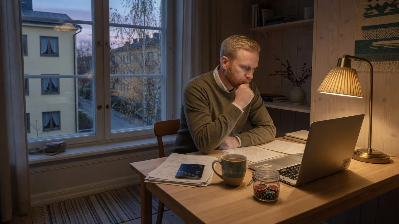 Svensk man vid skrivbordet som jämför casinon utomlands