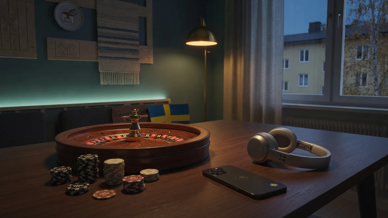 Svenskt nätcasino med marker och roulette på bord
