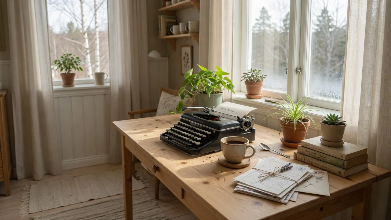 Skrivbord med skrivmaskin, brev och kaffe i ett ljust svenskt hemmakontor