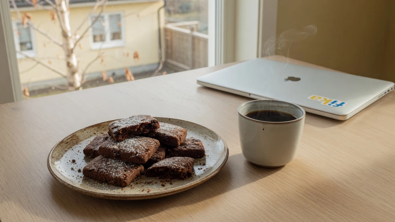 En tallrik med svenska chokladkakor och en kopp kaffe på ett ljust träbord