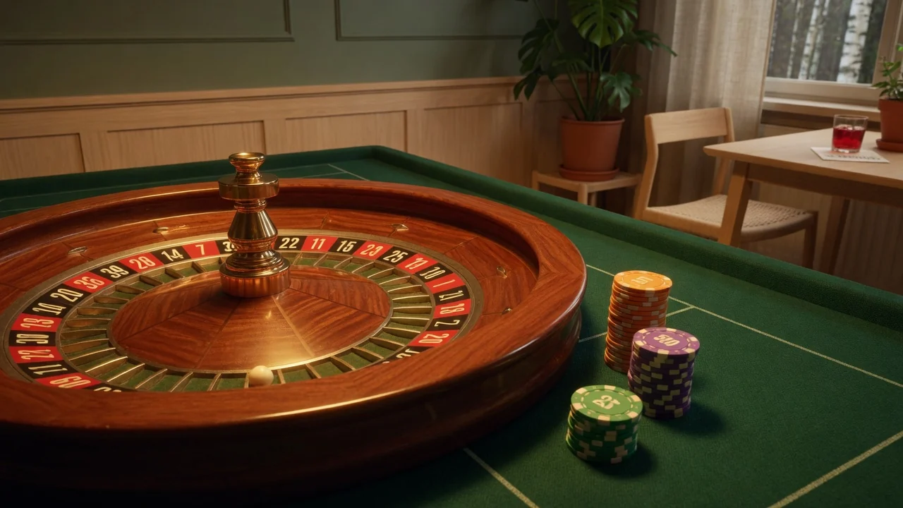 Roulettehjul på grönt casinobord med marker och svensk inredning