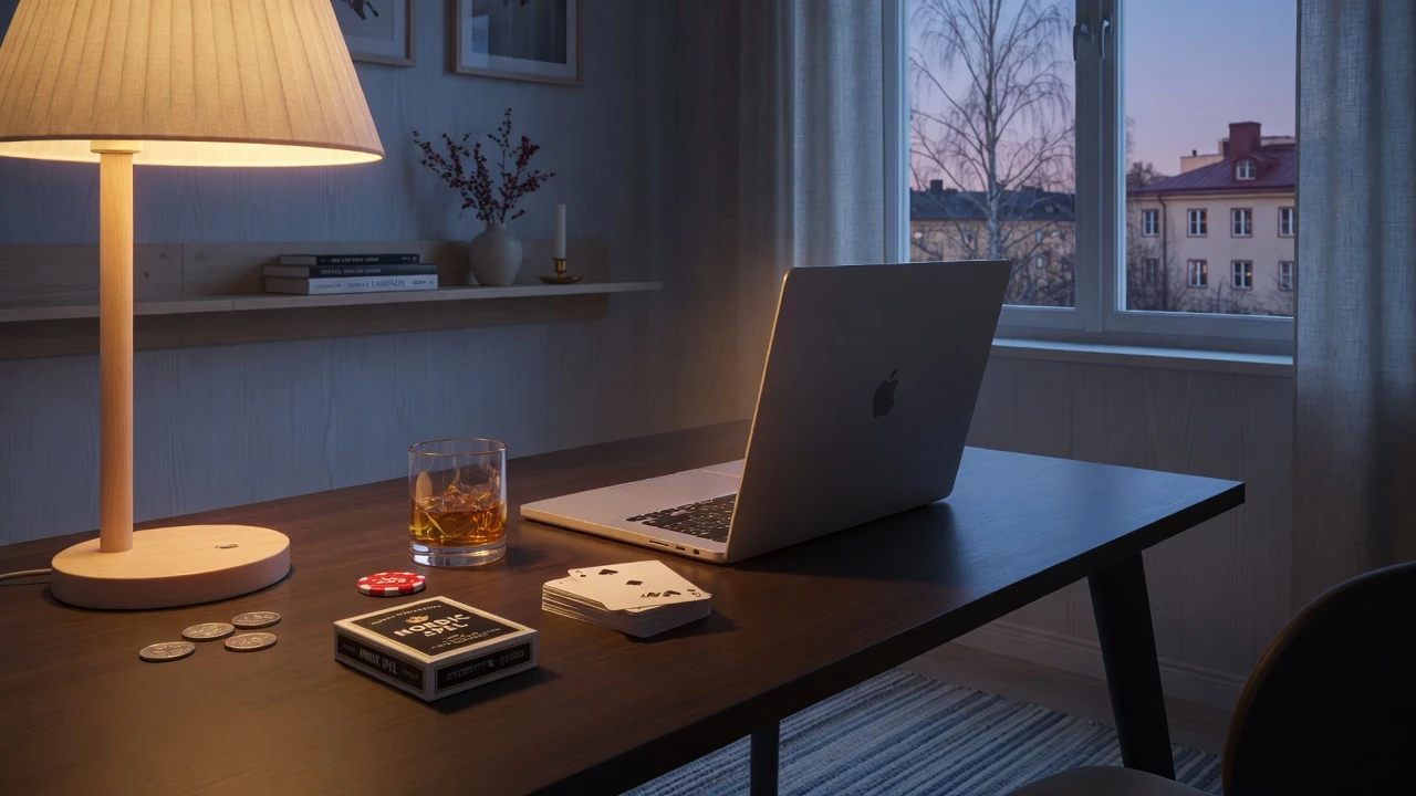Modernt skrivbord med bärbar dator, spelmark och kort i mysig svensk lägenhet