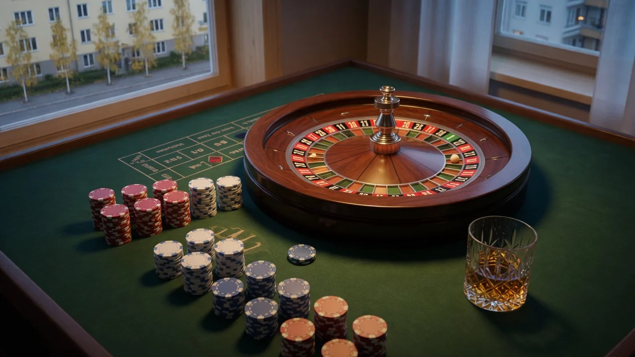 Ovanifrånvy av roulettebord med casinomarker och elegant belysning