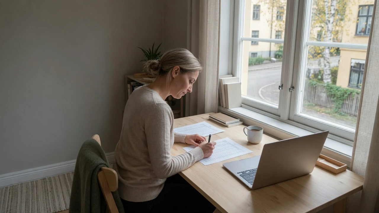 Person vid minimalistiskt skrivbord som granskar ett utskrivet jämförelseark i dämpat dagsljus.