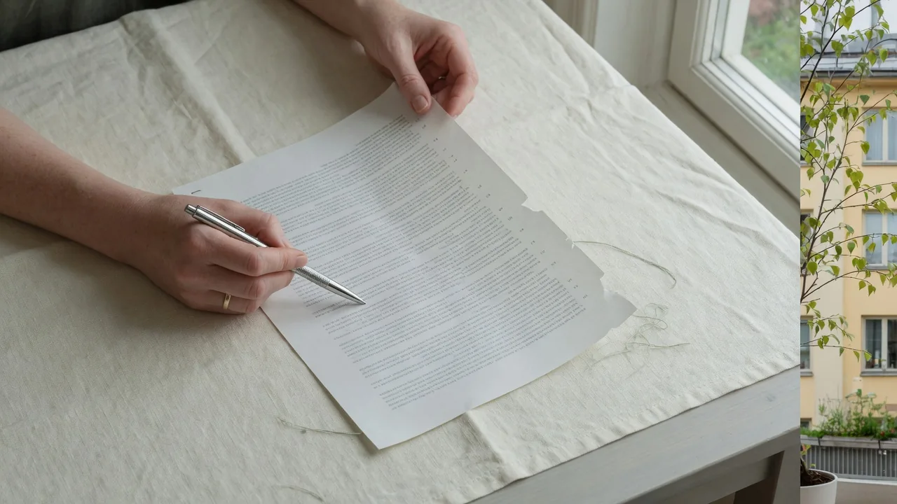 Händer som granskar ett dokument med finstilt text i jämnt dagsljus.