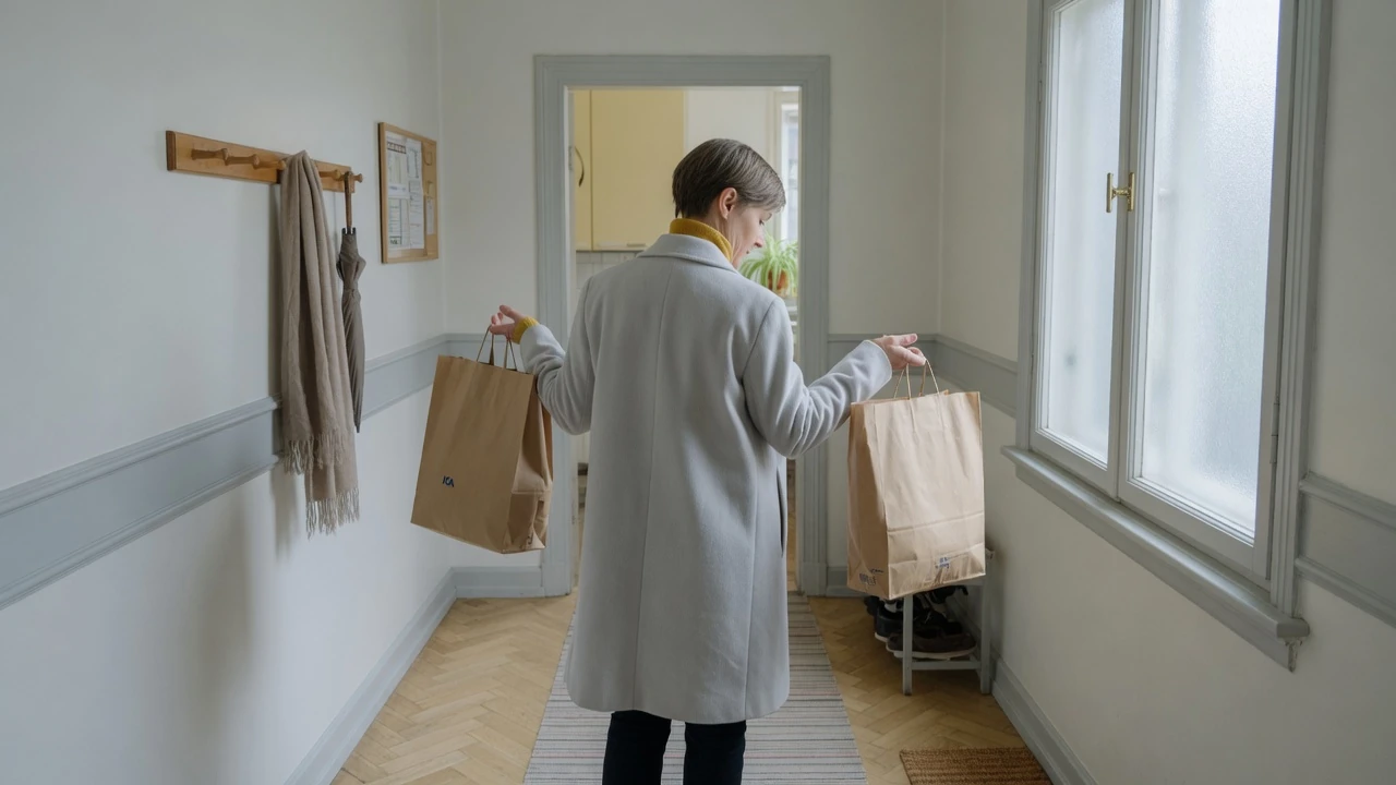 Person i ljus hall som väger två papperskassar i händerna.