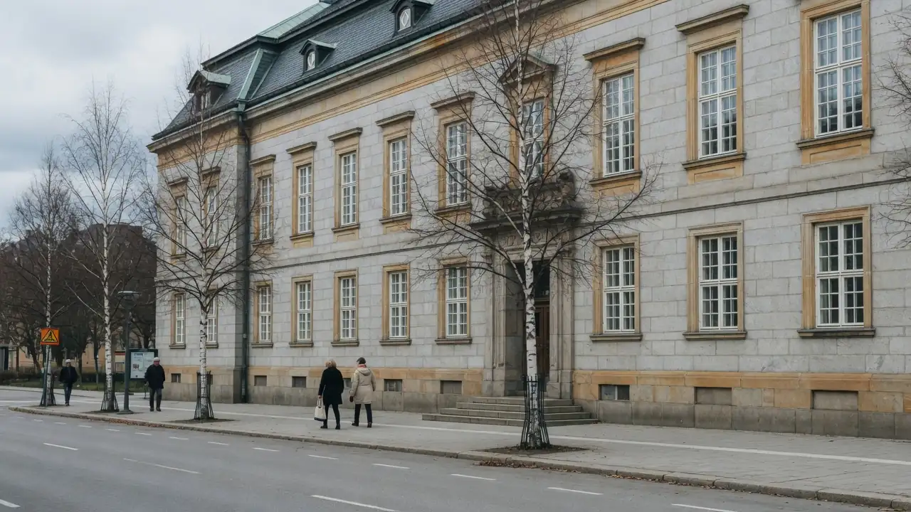 Stenbyggnad i nordisk stil med symmetriska fönster vid en lugn gata.
