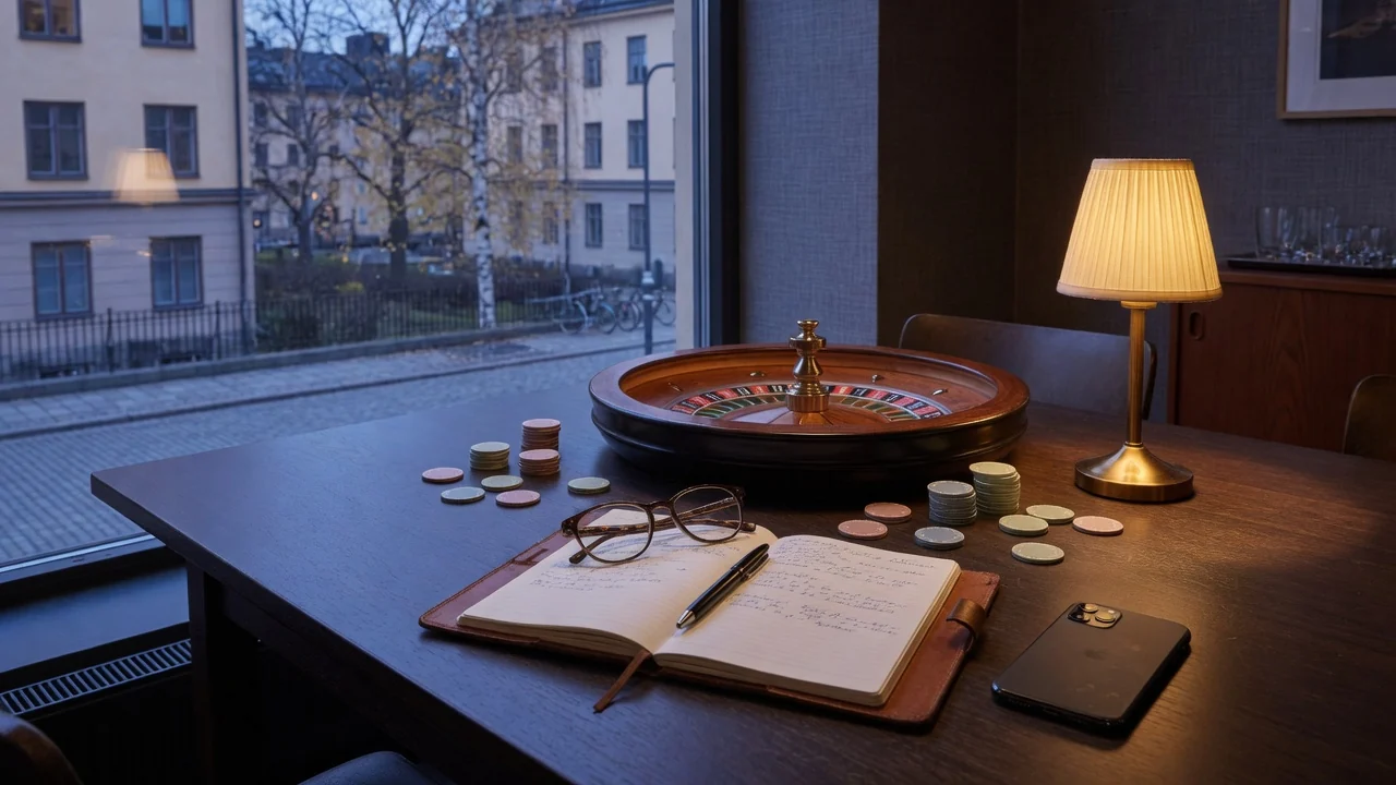 Casinochips, roulette och anteckningsbok på bord i skandinavisk lounge