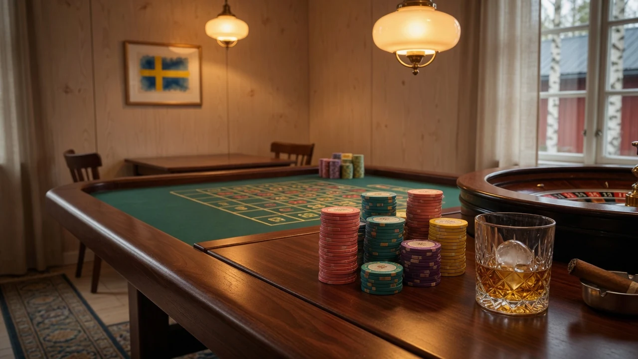 Elegant svenskt casinorum med roulettebord och färgglada marker