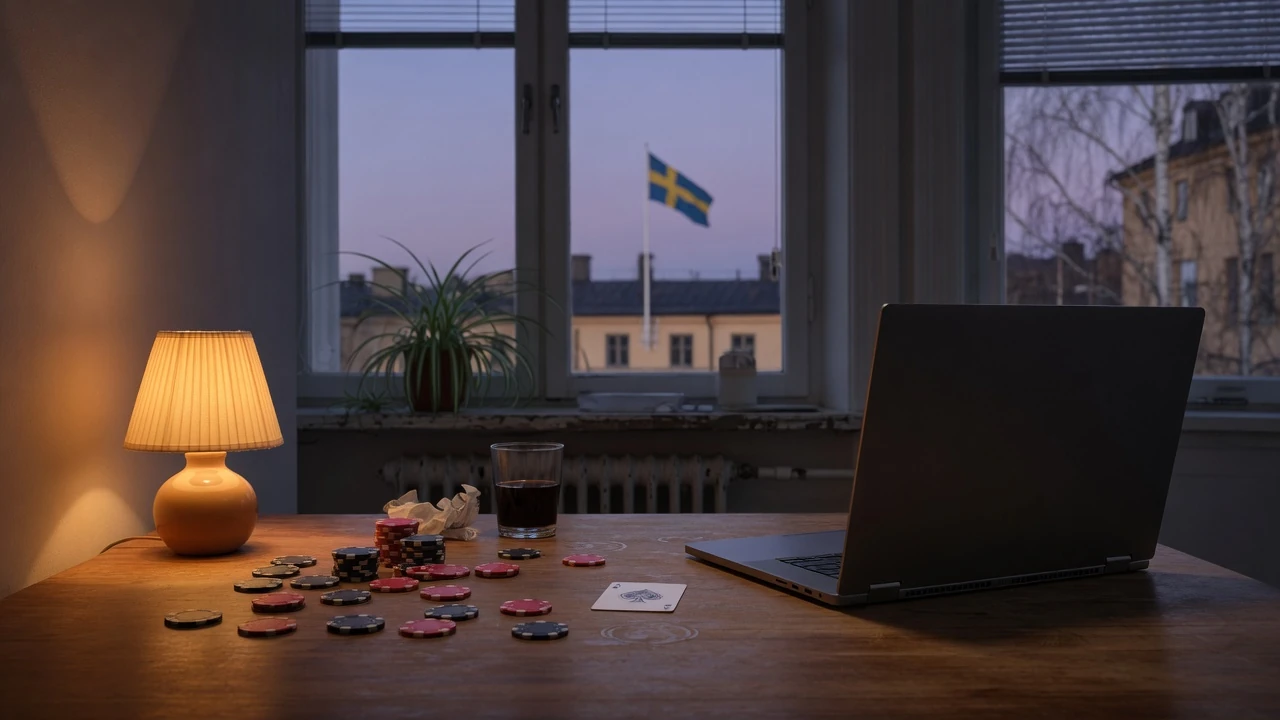 Pokerchip och spelkort på bord framför stängd laptop i skumt rum