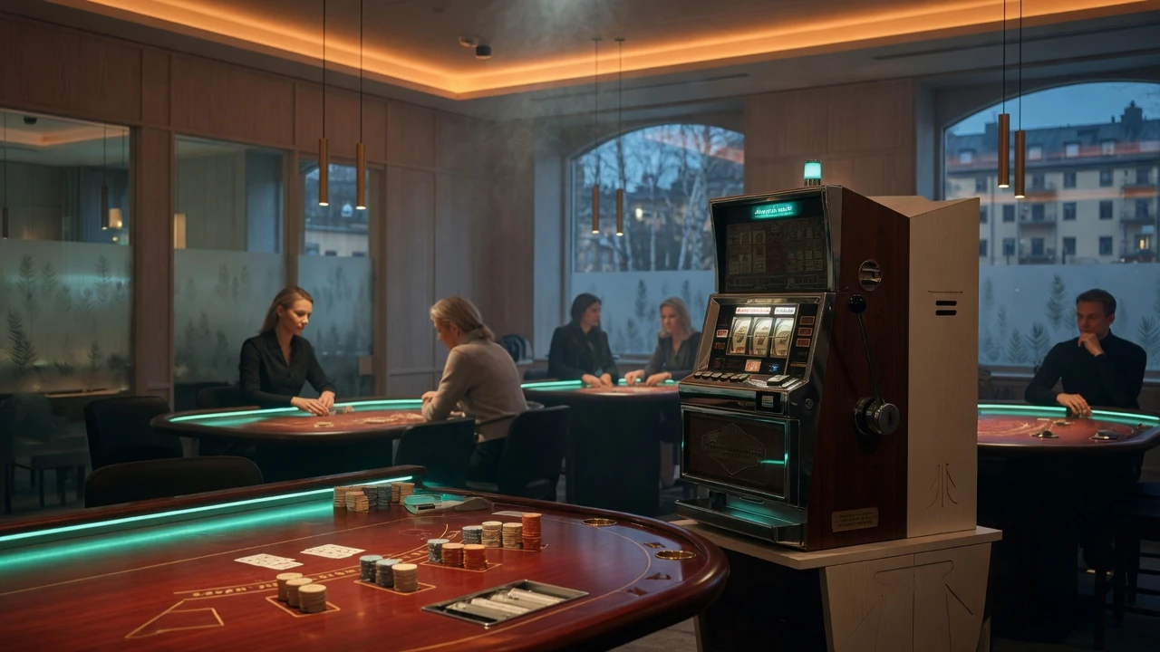 Modern casinospel-scen i Stockholm med insatsmarker och gammal spelautomat